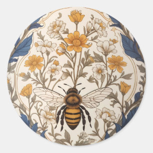 Sticker Rond Belle abeille florale vintage jaune et bleue
