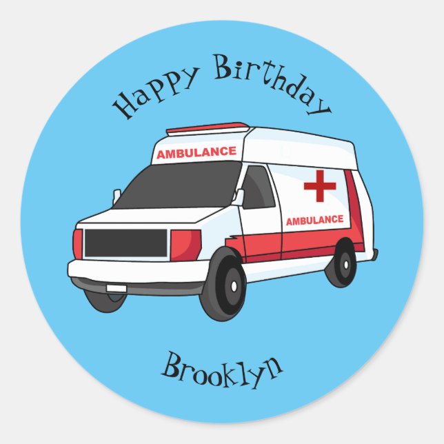 Sticker Rond Belle ambulance rouge caricature van (Devant)