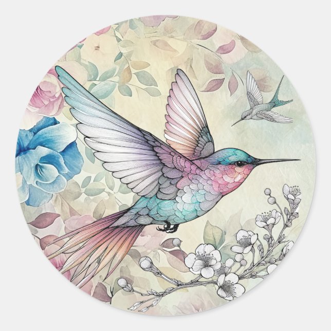 Sticker Rond Belle aquarelle florale de colibri de printemps (Devant)