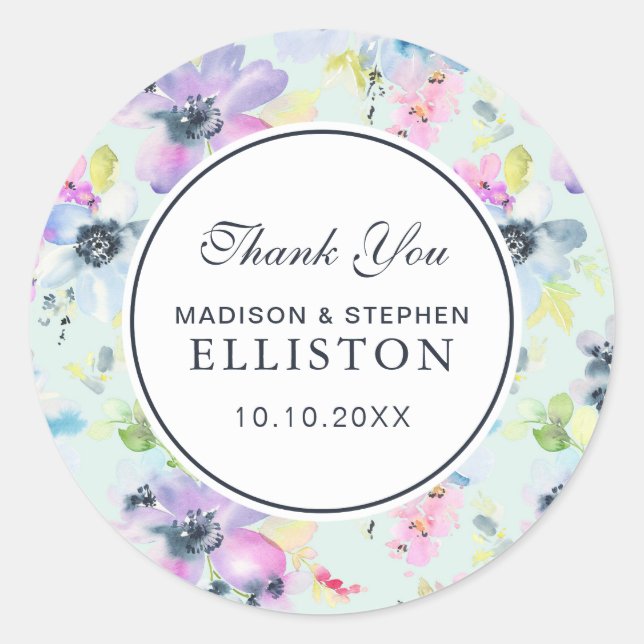 Sticker Rond Belle aquarelle florale Pastel | MERCI (Devant)