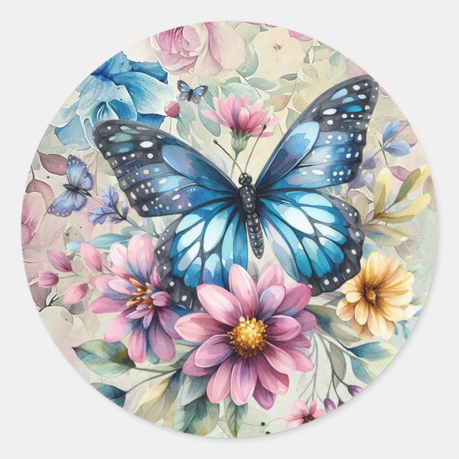 Sticker Rond Belle aquarelle printanière papillon floral (Devant)