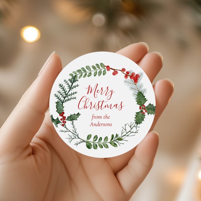 Sticker Rond Belle aquarelle rouge et verte couronne de Noël (Créateur téléchargé)