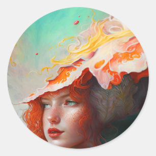 Sticker Rond Belle artiste Abstraite Red Haired Ginger Girl