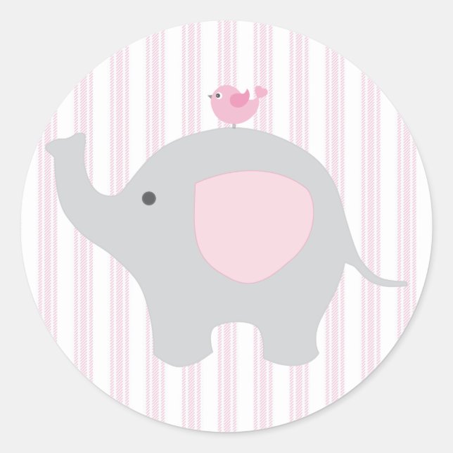 Sticker Rond Belle Bébée Fille Rose Eléphant (Devant)