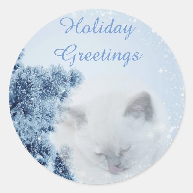 Sticker Rond Belle Chat blanc neige hiver Vacances Salutations (Devant)
