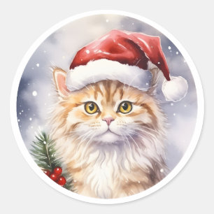 Sticker Rond Belle Chat De Noël D'Hiver À Santa Hat