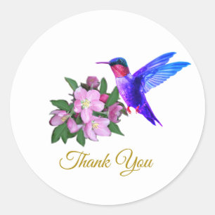 Sticker Rond Belle colibri, fleurs et Merci doré
