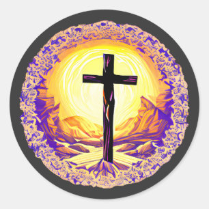Sticker Rond Belle Croix chrétienne détaillée