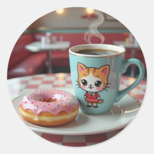 Sticker Rond Belle Donut et café au Retro Diner