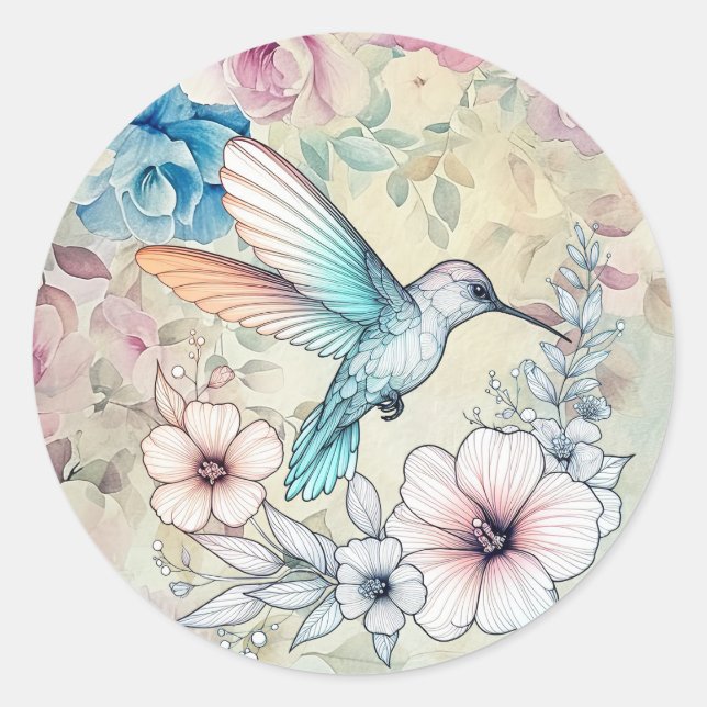 Sticker Rond Belle eau de printemps aquarelle florale colibri (Devant)