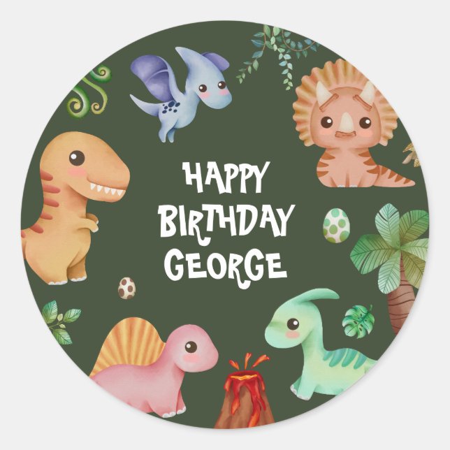 Sticker Rond Belle Enfants Green Dino fête d'anniversaire (Devant)