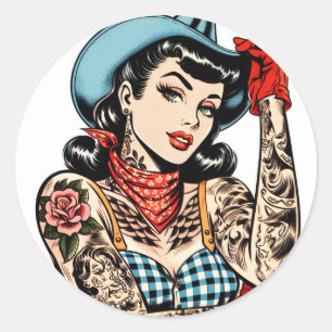 Sticker Rond Belle fille au tatouage en caricature