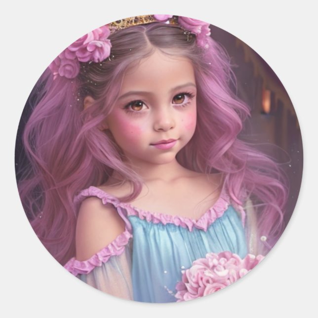 Sticker Rond Belle fille aux fleurs roses dans ses cheveux (Devant)