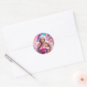Sticker Rond Belle fille de Noël rose 01