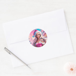 Sticker Rond Belle fille de Noël rose 01