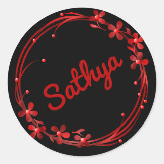 Sticker Rond Belle fleurs rouges monogramme personnalisé Nom