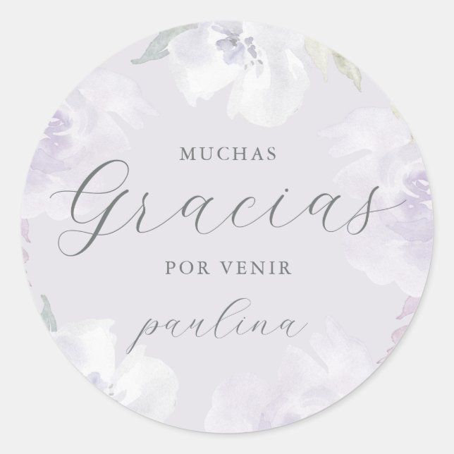 Sticker Rond Belle Florale violette Quinceañera Gracias Nom (Devant)