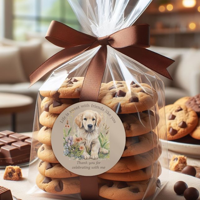 Sticker Rond Belle Golden Retriever Puppy Cookie Candy ("Life is sweet with friends like you" birthday treat bag stickers.)