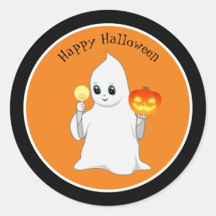 Sticker Rond Belle Halloween Ghost & Citrouille sur Orange