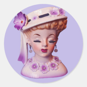 Sticker Rond Belle Lady Head Vase Purple Flowers 1960 Poupée