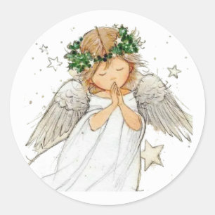 Sticker Rond Belle mignonne ange prier Rosaire, ronde classique