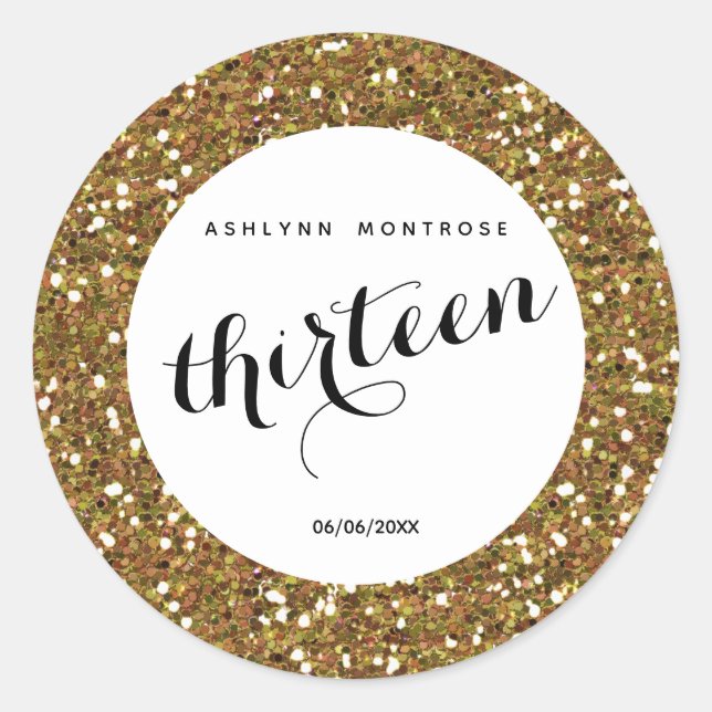 Sticker Rond Belle Parties scintillant d'or 13e anniversaire (Devant)
