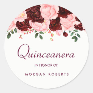 Sticker Rond Belle Quinceanera Florale rose-Bourgogne