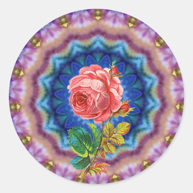 STICKER ROND BELLE ROSE ROSE ROSE EN CERCLES PSYCHÉDÉLIQUES (Devant)