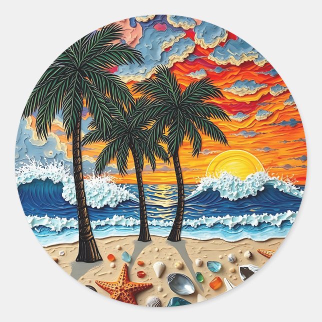 Sticker Rond Belle scène de plage avec des palmiers (Devant)