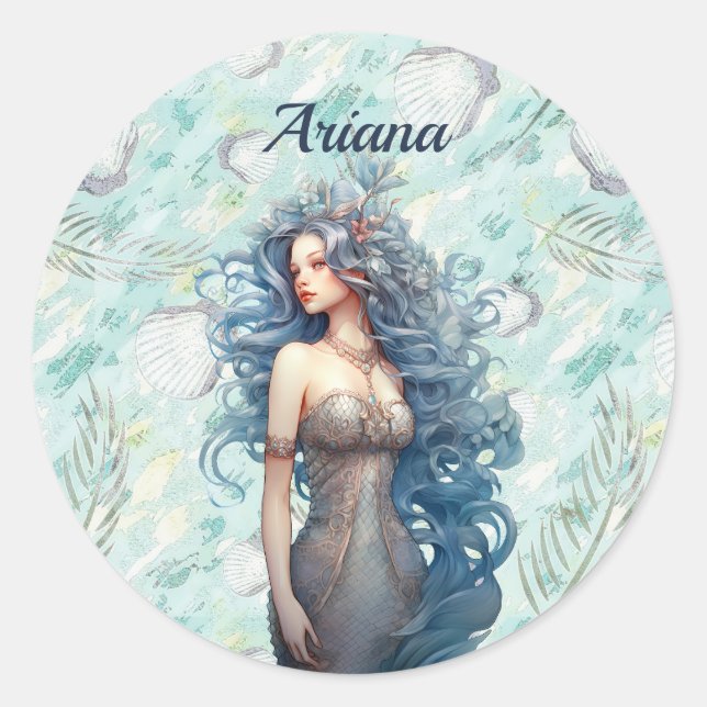 Sticker Rond Belle sirène à ailes bleues (Devant)