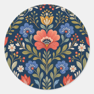 Sticker Rond Belles Fleurs Sauvages Scandinaves sur Fond Bleu M