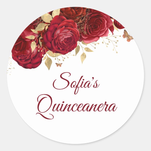 Sticker Rond Belles Roses Rouges Cadeau de Fête de Quinceañera (Devant)