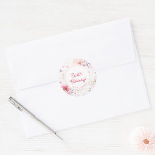Sticker Rond Bénédiction de Pâques   Motif de fleurs roses   Pâ
