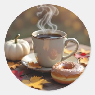 Sticker Rond Bénédictions d'automne, café chaud et beignet