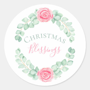 Sticker Rond Bénédictions de Noël Fleurs Eucalyptus Aquarelle