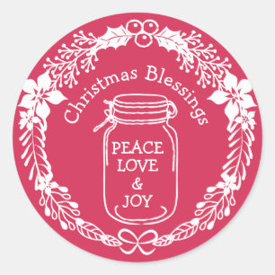 Sticker Rond Bénédictions de Noël Paix Amour Joie Mason Jar
