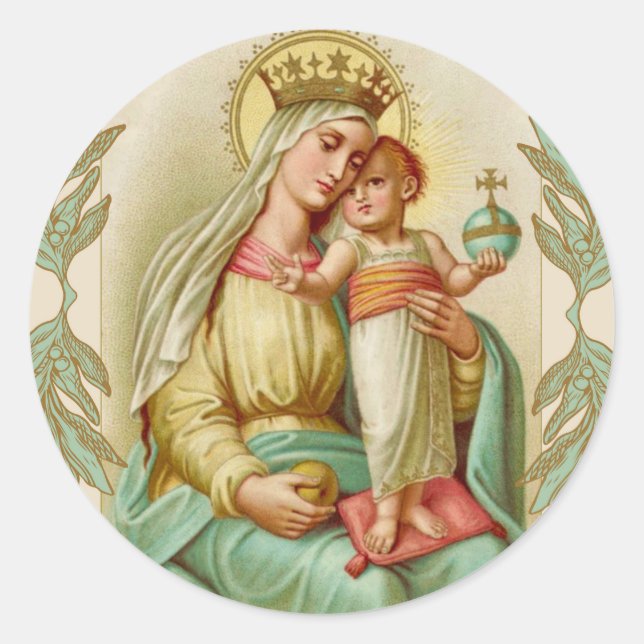 Sticker Rond Béni Mère tenant le Globe de Jésus-Enfant (Devant)