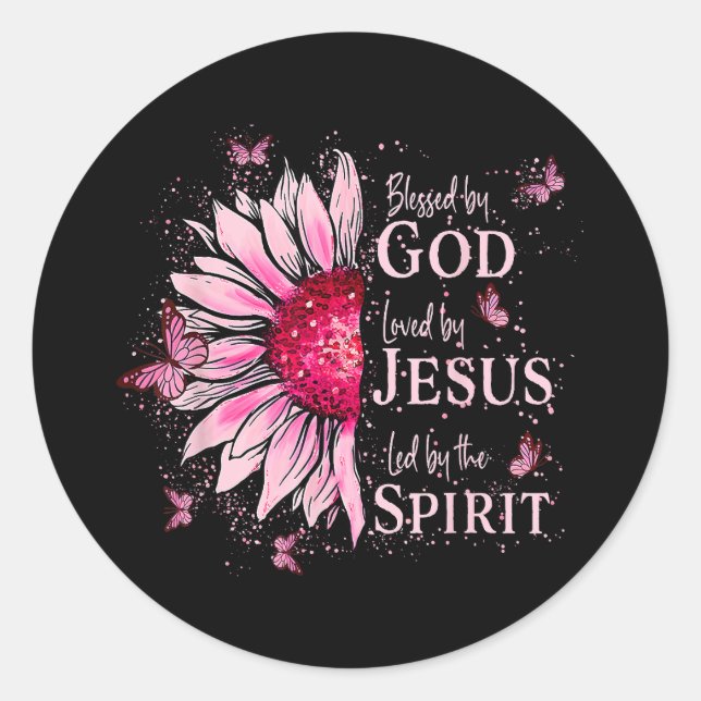 Sticker Rond Béni Par Dieu - Aimé Par Jésus Tournesol Rose (Devant)