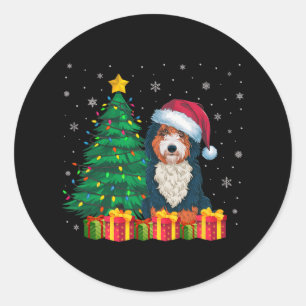 Sticker Rond Bernedoodle laid Santa Hat lumières de Noël Chien 