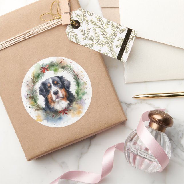 Sticker Rond Bernois Mountain Festive Wreath Pup (Cadeaux)