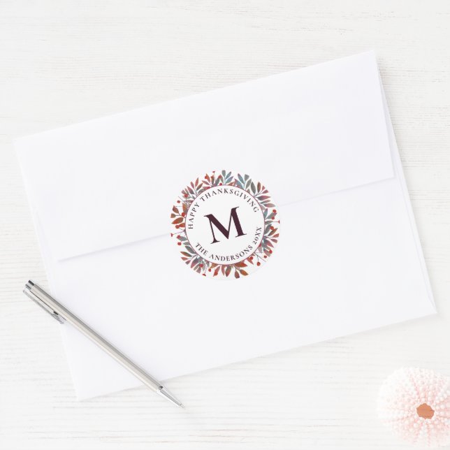 Sticker Rond Berries et Feuilles verts Turquoises Monogramme (Enveloppe)
