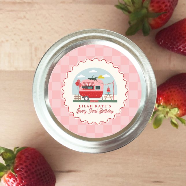 Sticker Rond Berry 1er Birthday Strawberry Camper Checper (Créateur téléchargé)