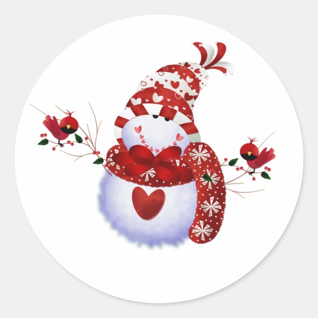 Sticker Rond Berry Cute Snowman et Cardinals (Devant)