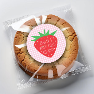 Sticker Rond Berry First Birthday Pink and Red Strawberry Girl