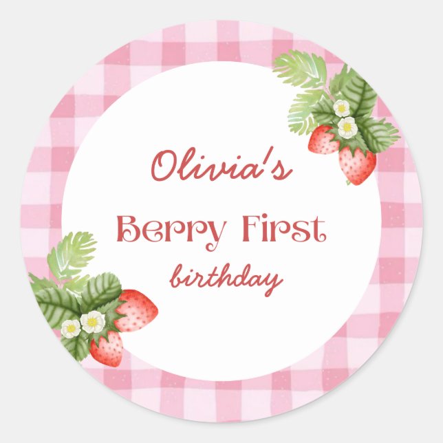Sticker Rond Berry fraise rouge Premier Merci d'anniversaire (Devant)