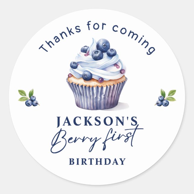 Sticker Rond Berry Première fête d'anniversaire Blueberry Merci (Devant)