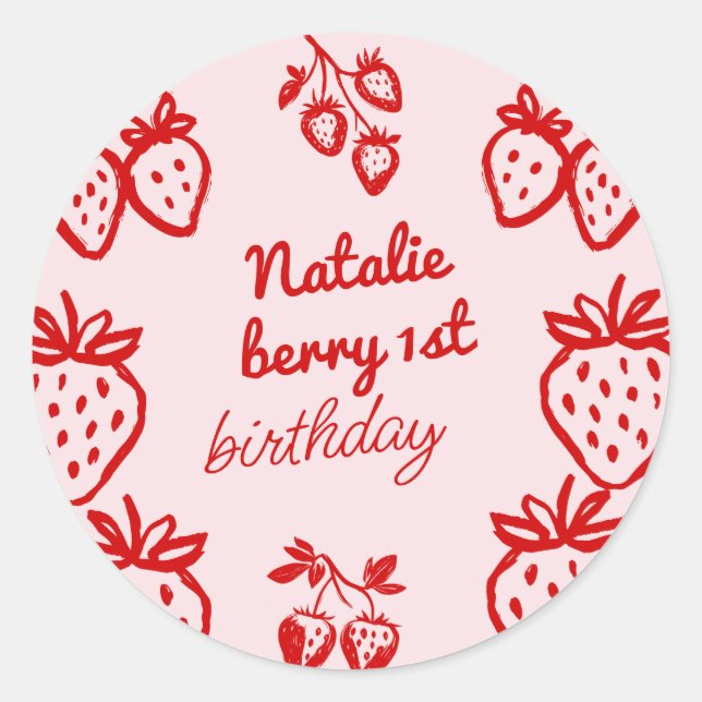 Sticker Rond Berry rose 1er Main Fraise Fille Anniversaire (Devant)