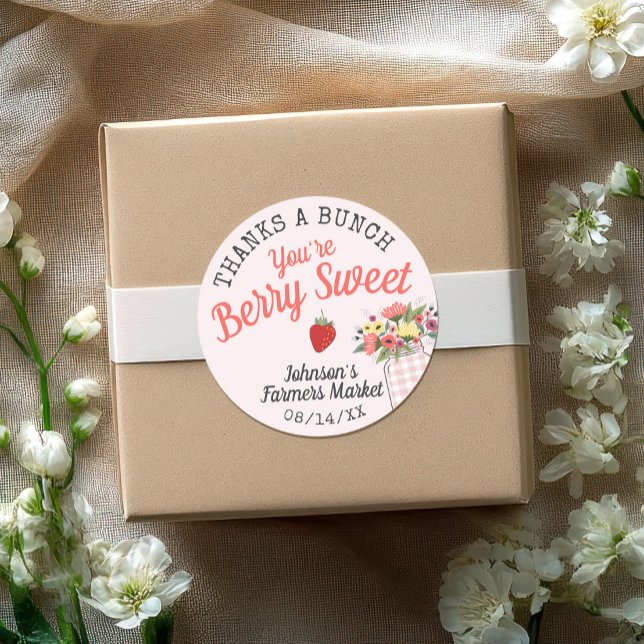Sticker Rond Berry Sweet Farmers Market Baby Girl Shower Thanks (Farmers Market pink gingham mason jar floral strawberry thanks berry sweet baby shower favor sticker)