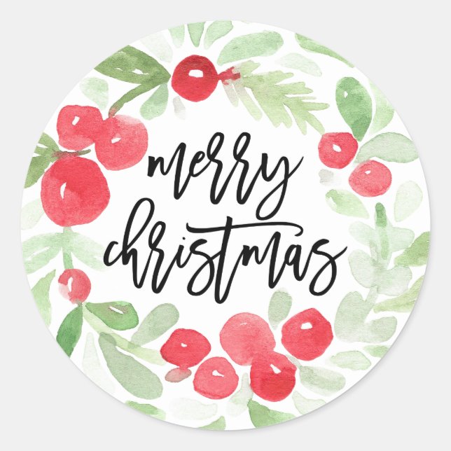 Sticker Rond Berry Wreath Joyeuse aquarelle de Noël (Devant)