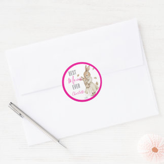Sticker Rond Best Mom Ever, Mom & Baby Rabbit Pink Name